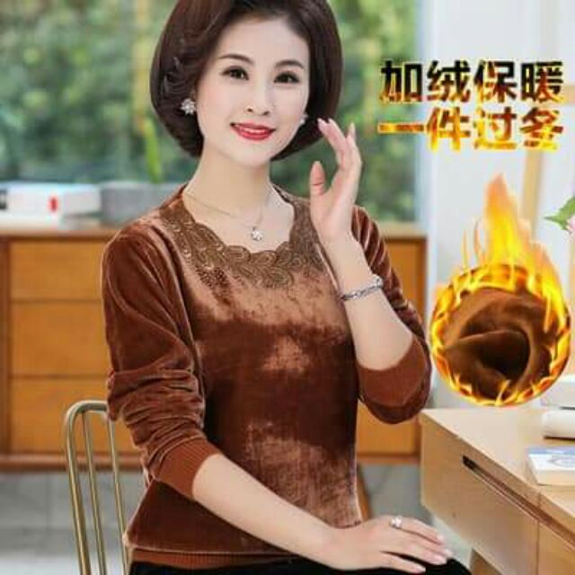Áo nhung nữ trung niên cao cấp có lít nỉ phối cổ ren quý phái QCNP801