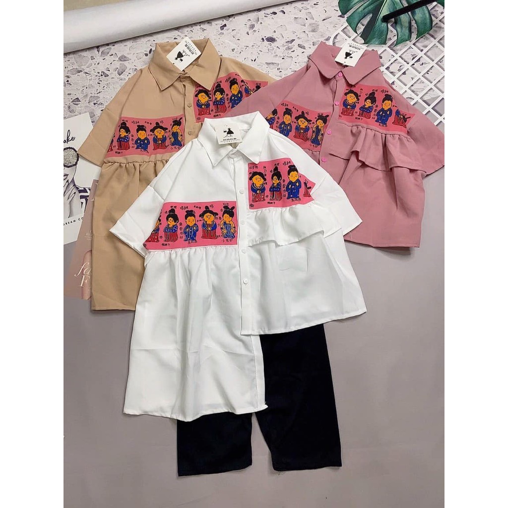 Set áo sơ mi lụa lệch vạc, quần thun ngố ôm màu đen, mặc đi chơi, mặc ra ngoài, mặc ở nhà cực xinh và dễ thương