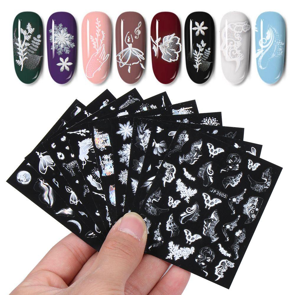 Miếng Dán Trang Trí Móng Tay Họa Tiết Hoa Tuyết 3D Màu Trắng Đen