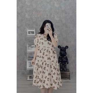 Váy bầu cộc tay babydoll hoạ tiết nơ xinh xắn