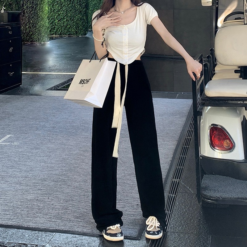 QADCOL Quần Dài Thể Thao Ống Rộng Phối Dây Rút Thời Trang Mùa Hè Năng Động