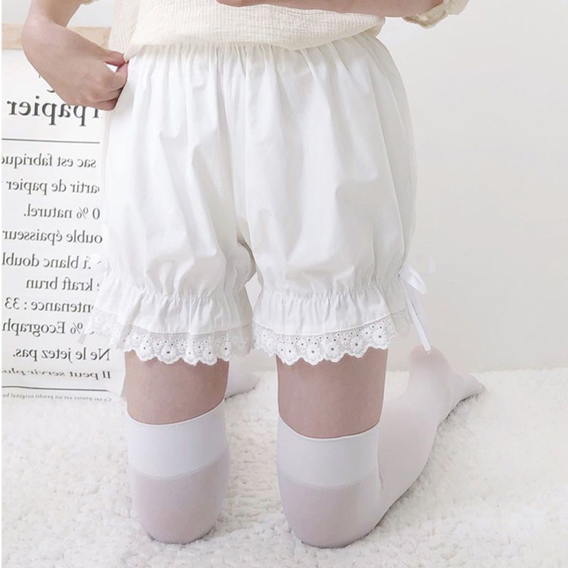 Quần đùi bảo hộ cổ điển Lolita rộng dáng quả bí đỏ cột nơ với gấu quần phối ren bèo lưng thun màu trơn cho nữ | BigBuy360 - bigbuy360.vn