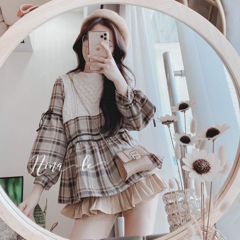 Áo babydoll kẻ caro phối len siêu xinh
