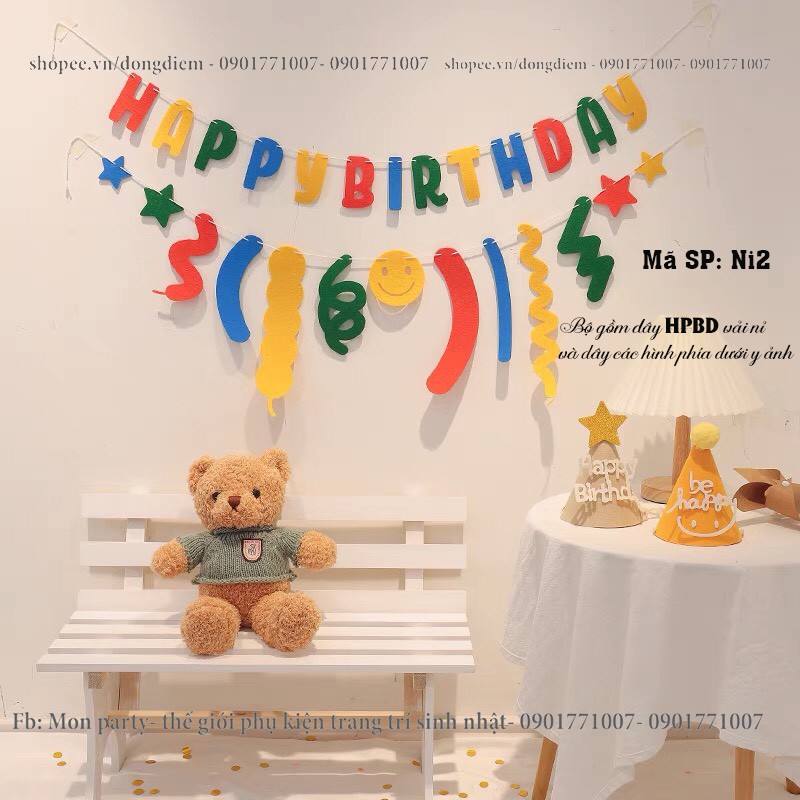 Set sinh nhật hàn quốc Mon Party dây cờ sinh nhật hàn quốc, dây chữ happy birthday vải nỉ hàn quốc y ảnh