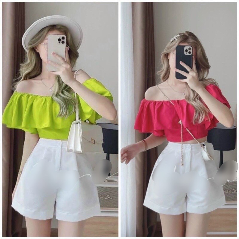 Sét áo trễ vai tầng + quần short lật lai lưng chun C185 cho nữ phong cách tiểu thư siêu đẹp siêu sang chảnh