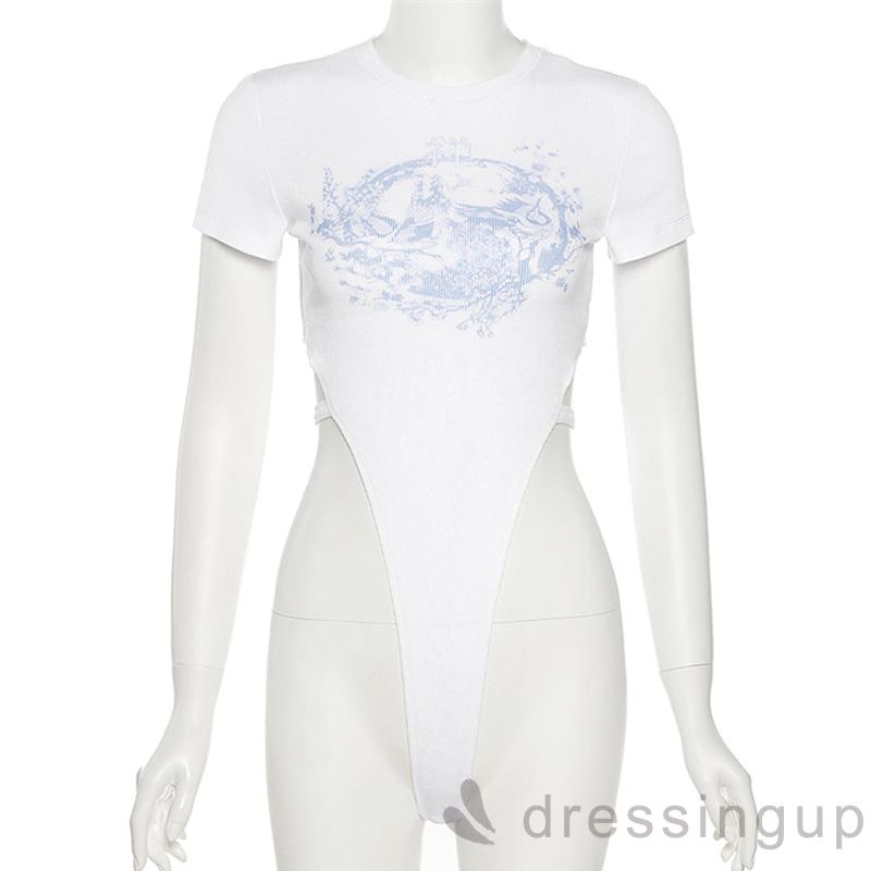 DRESSINGUP-Áo Liền Quần Tay Ngắn Cổ Tròn Thiết Kế Độc Đáo Cá Tính Dành Cho Nữ