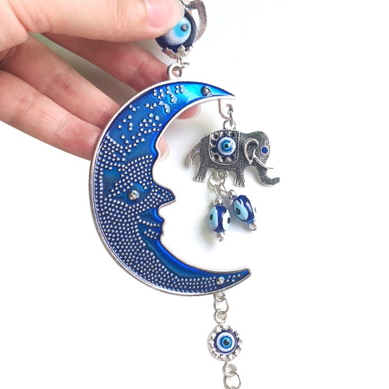 Chuông gió treo tường trang trí hình chú voi/mặt trăng màu xanh dương phong cách Thổ Nhĩ Kỳ