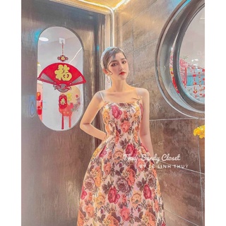 Đầm hoa thun umi 2 dây eo ôm dáng xòe