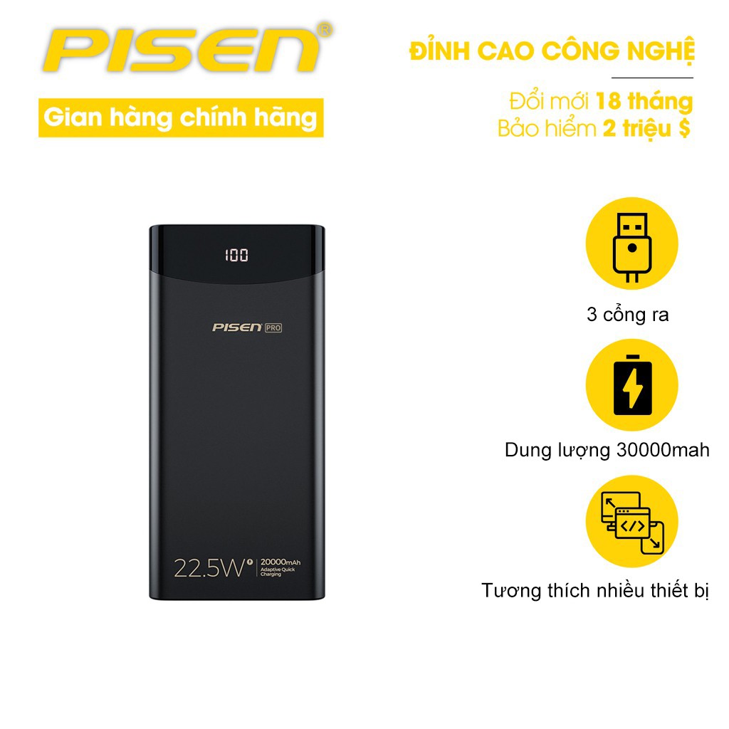 Sạc dự phòng PISEN pro led station 30000MAH, 22.5W - hàng chính hãng