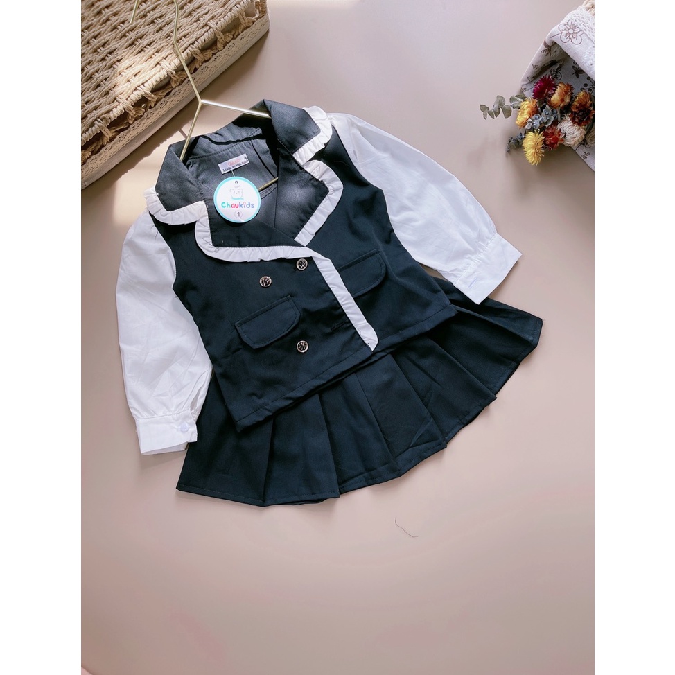 Set váy cổ vest viền bèo bé gái