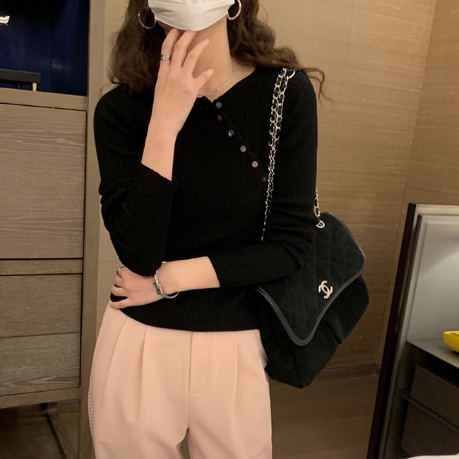 【ZHELIHANGFEI】Áo Thun Dệt Kim Tay Dài Dáng Ôm Phối Nút Chéo Dễ Phối Đồ