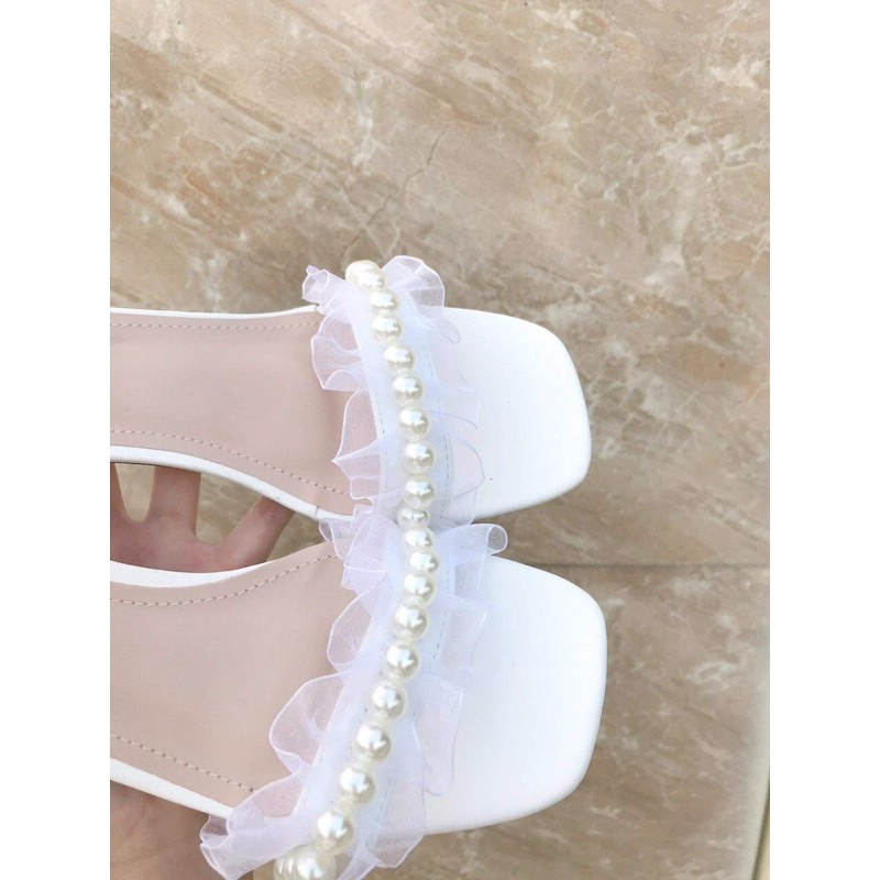 [Sỉ giày hot trend] Giày sandal quai ren ngọc gót vuông 4p nhẹ nhàng nữ tính