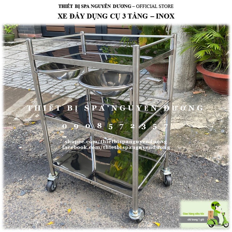 [Giao Liền] Xe Đẩy (Kệ) Inox 3 Tầng Dùng Trong Spa, Phun Xăm Thẩm Mỹ, Y Khoa