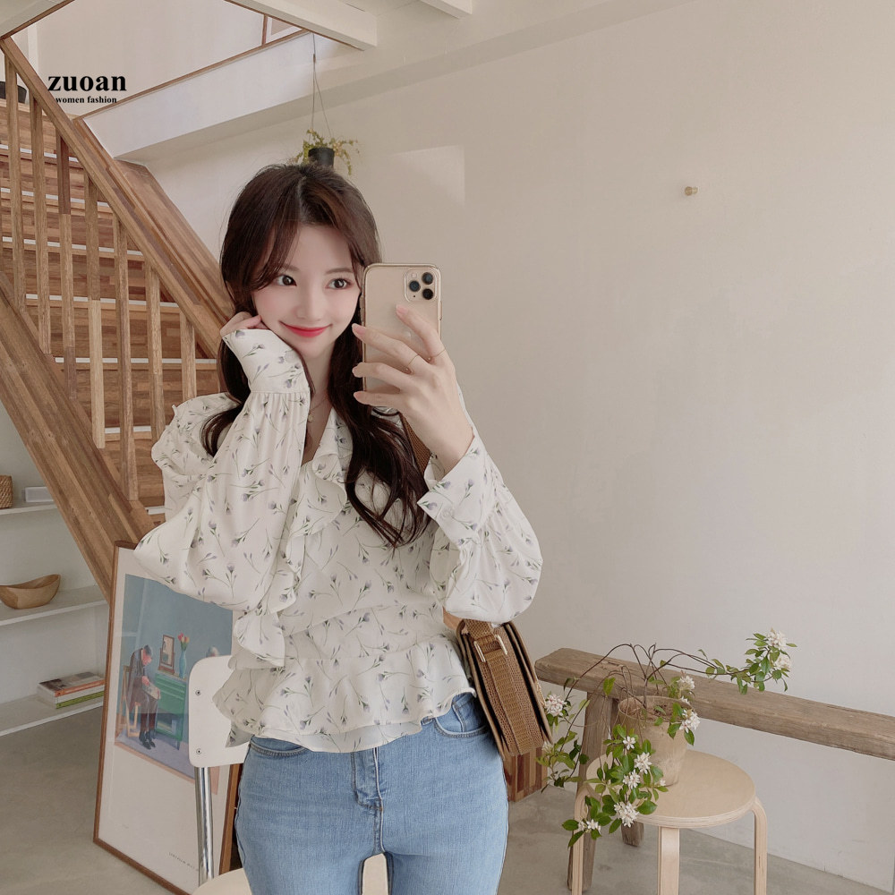 SUXI Áo kiểu dài tay chất liệu chiffon họa tiết dễ thương cho nữ