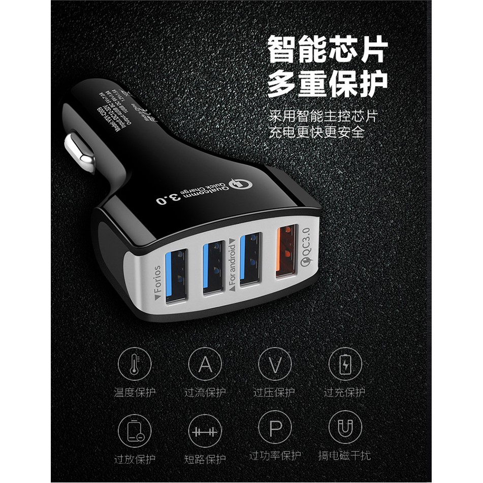 Củ Sạc Trên Xe Hơi Với 4 Cổng Usb Qc3.0