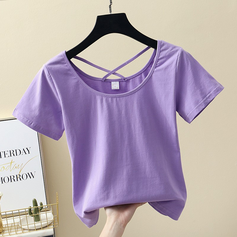 Áo croptop nữ trơn cotton cổ lưng đan chéo phong cách Hàn Quốc - LUT