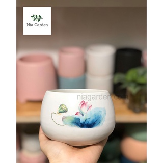 Chậu gốm sứ hạt dẻ nhỏ in hình - N2