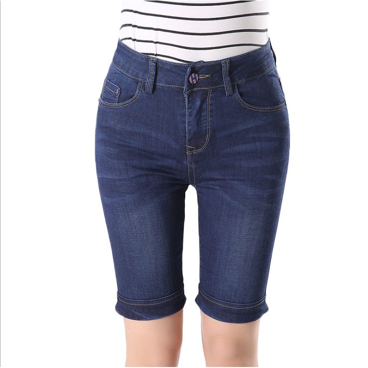 Quần Short Jean Ngố Nữ Lưng Cao Quần Đùi Nữ Ngang Gối Chất Bò Co Giãn