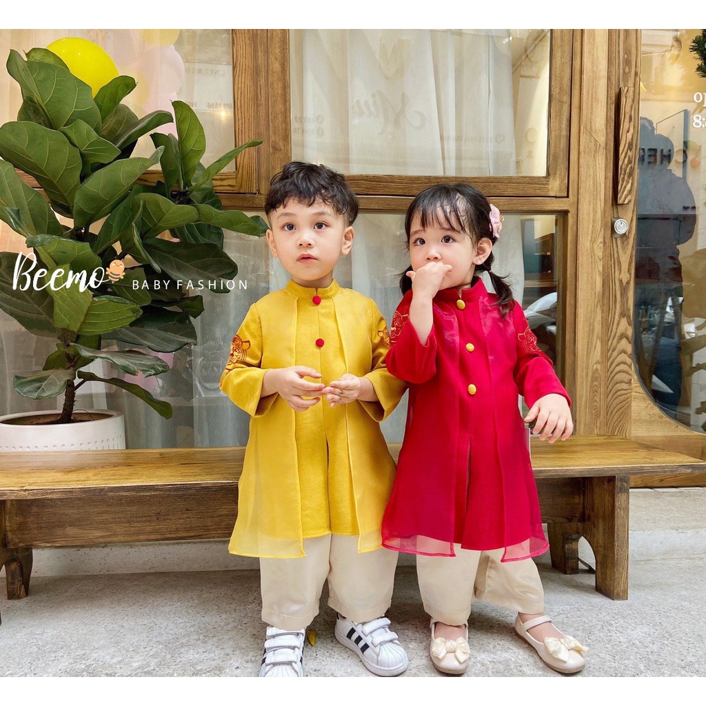 Set bộ áo dài Beemo cho bé bé gái từ 1 đến 6 tuổi tay thêu song hổ 2 màu