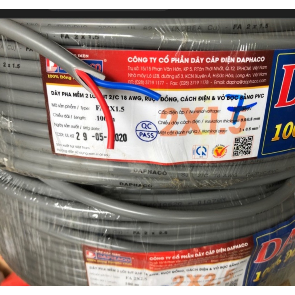 Dây điện đôi bọc xám DAPHACO lỗi đồng 100%, dây xám bọc tròn, dây FA tiết diện 2 x 1.5 và 2 x 2.5mm