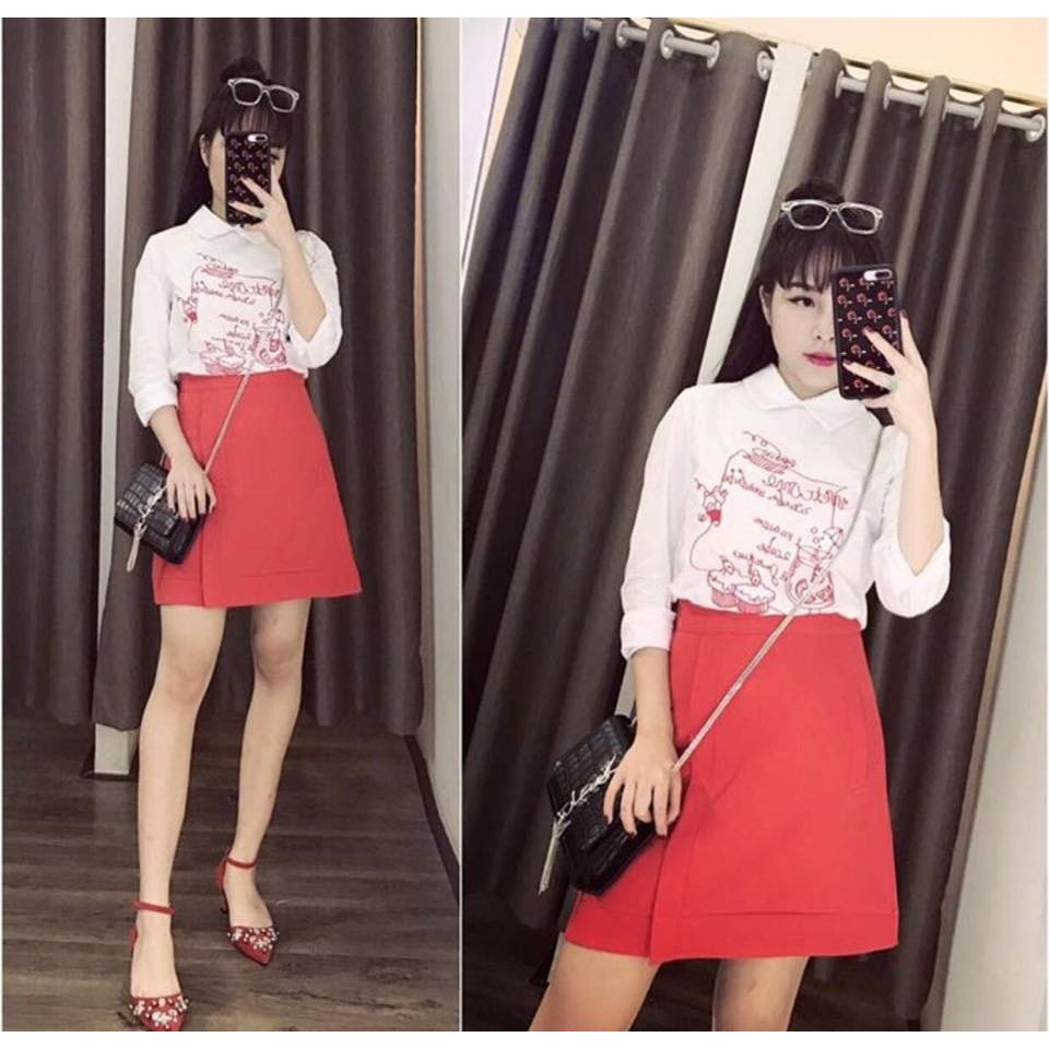 Set áo sơ mi thêu váy đỏ