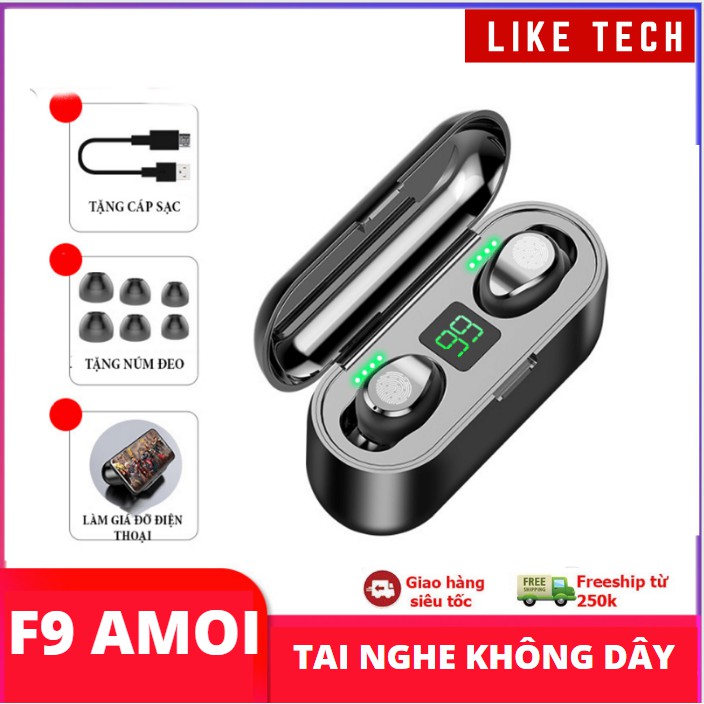 Tai Nghe Bluetooth True Wireless AMOI F9 5.0 Cảm Ứng Vân Tay, Dock Sạc có Led Báo Pin Kép - Hàng Nhập Khẩu