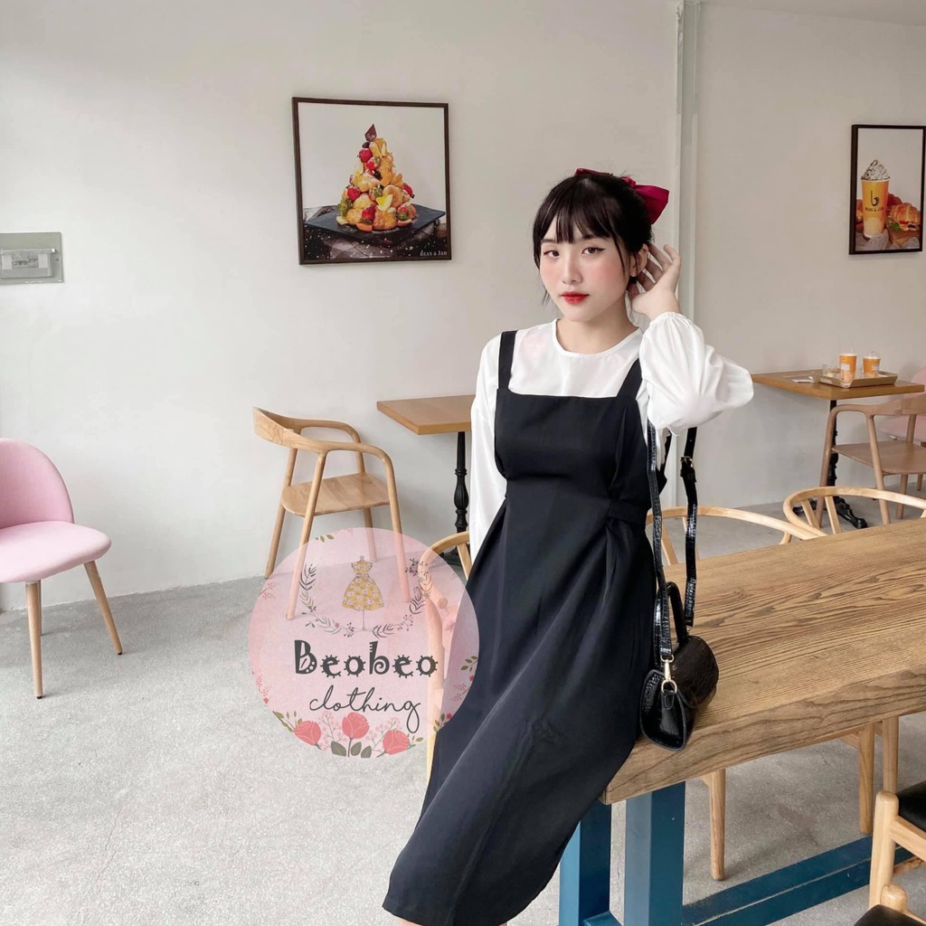 Set áo voan tay bo phồng kèm đầm yếm đen thắt nơ vintage