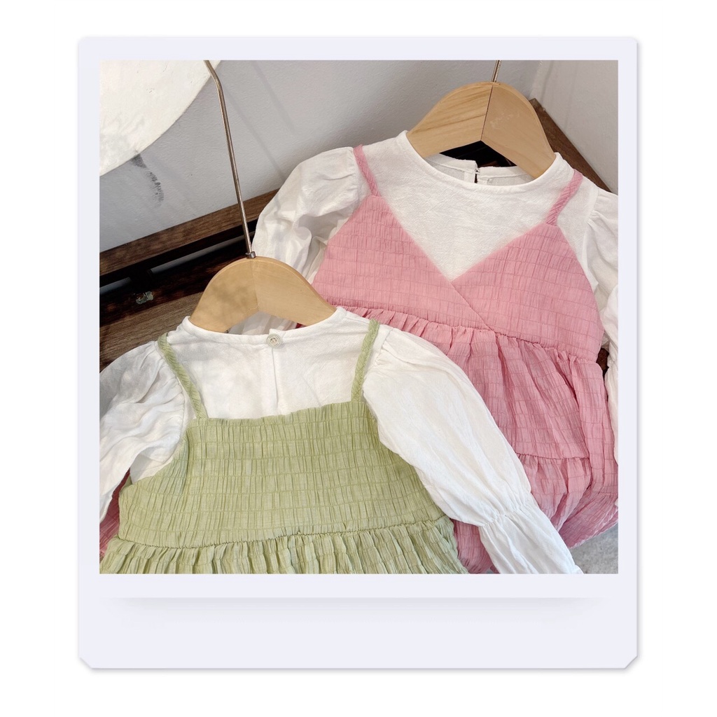 Váy thu dài tay giả yếm cho bé gái 1-5 tuổi