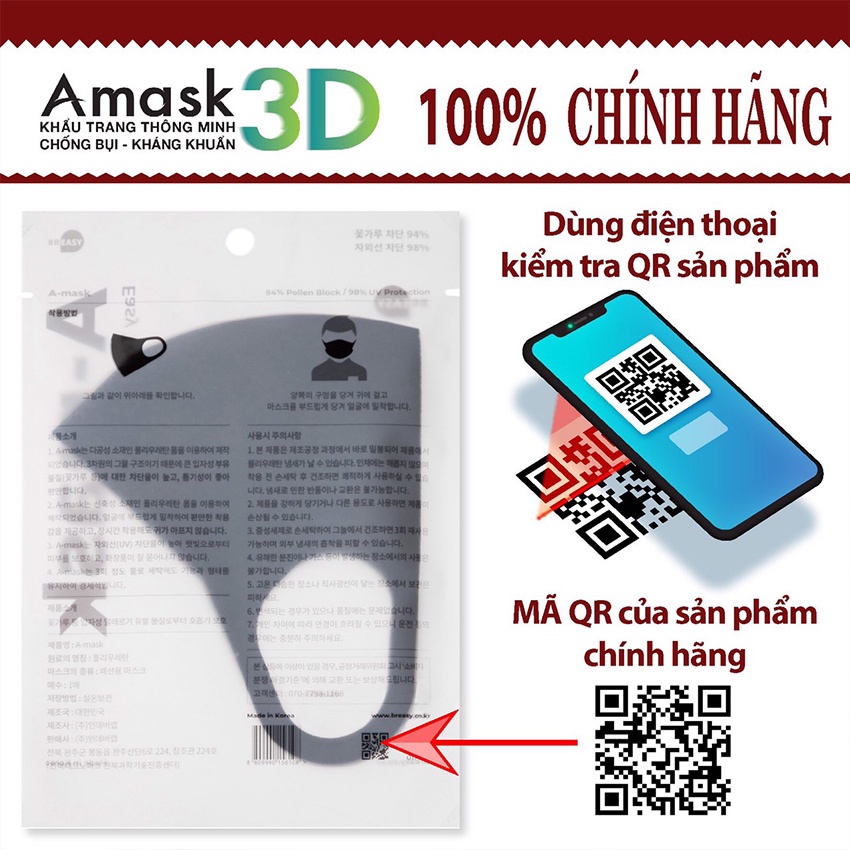 [Combo 3 cái] Khẩu Trang Hàn Quốc 3D Amask_Màu Đen