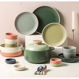 Bộ bát đĩa morandi mix 6 màu pastel kèm nồi hầm phong cách Bắc Âu