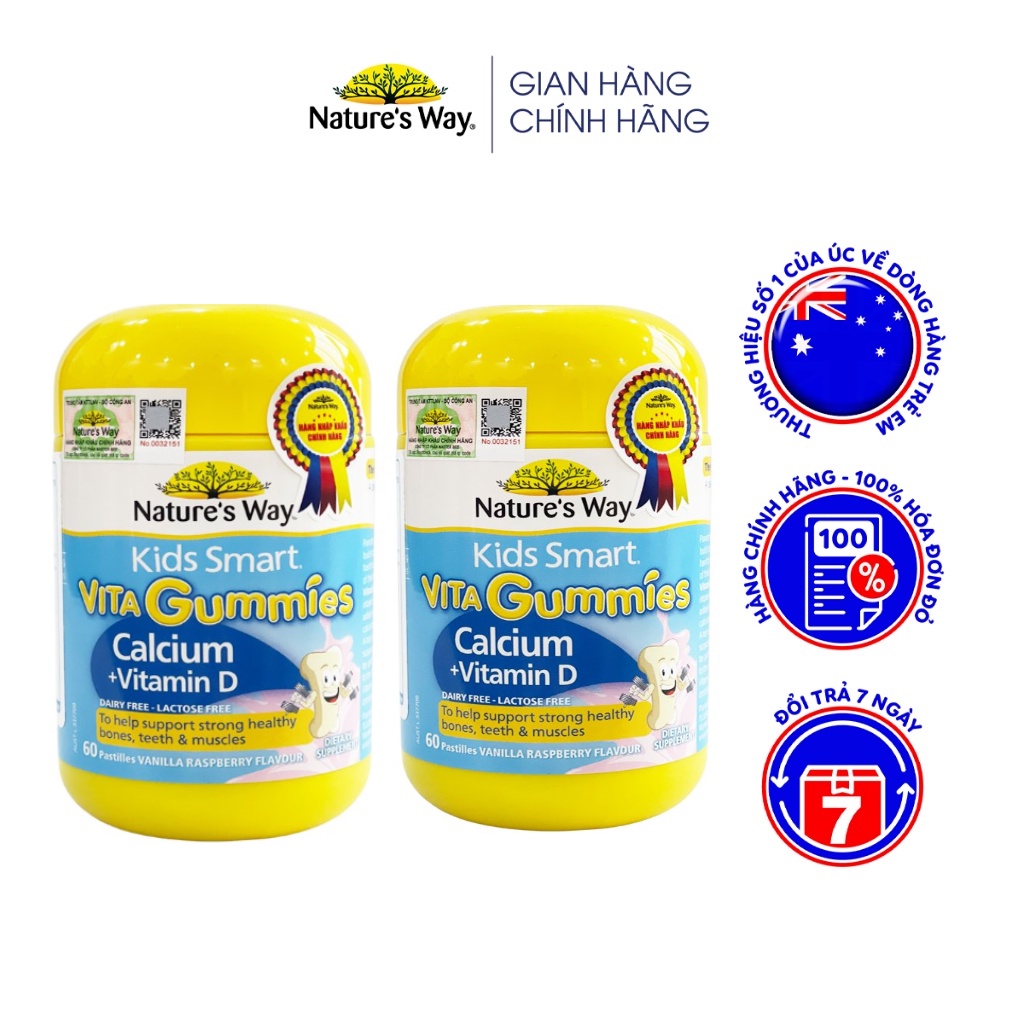 Combo 2 Hộp Kẹo Dẻo Canxi Cho Bé NATURE'S WAY Kids Smart Vita Gummies Calcium + Vitamin D 60 Viên/hộp