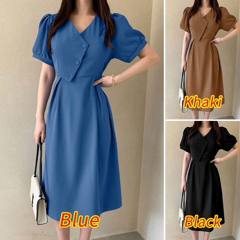 Đầm midi ZANZEA tay ngắn phồng cổ chữ V cài nút thời trang cho nữ