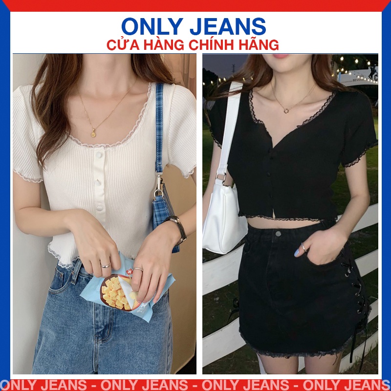 Áo Croptop TAY NGẮN CỔ VUÔNG VIỀN REN HT Fashion Ôm Body Chất Tốt, Áo CRT Kiểu nữ ôm thun gân mềm mát HT Fashion