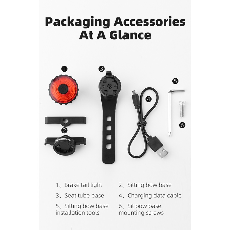 Rockbros Đèn Phanh Cảm Biến Thông Minh Chống Thấm Nước Kèm Sạc USB Chuyên Dụng Cho Xe Đạp Leo Núi