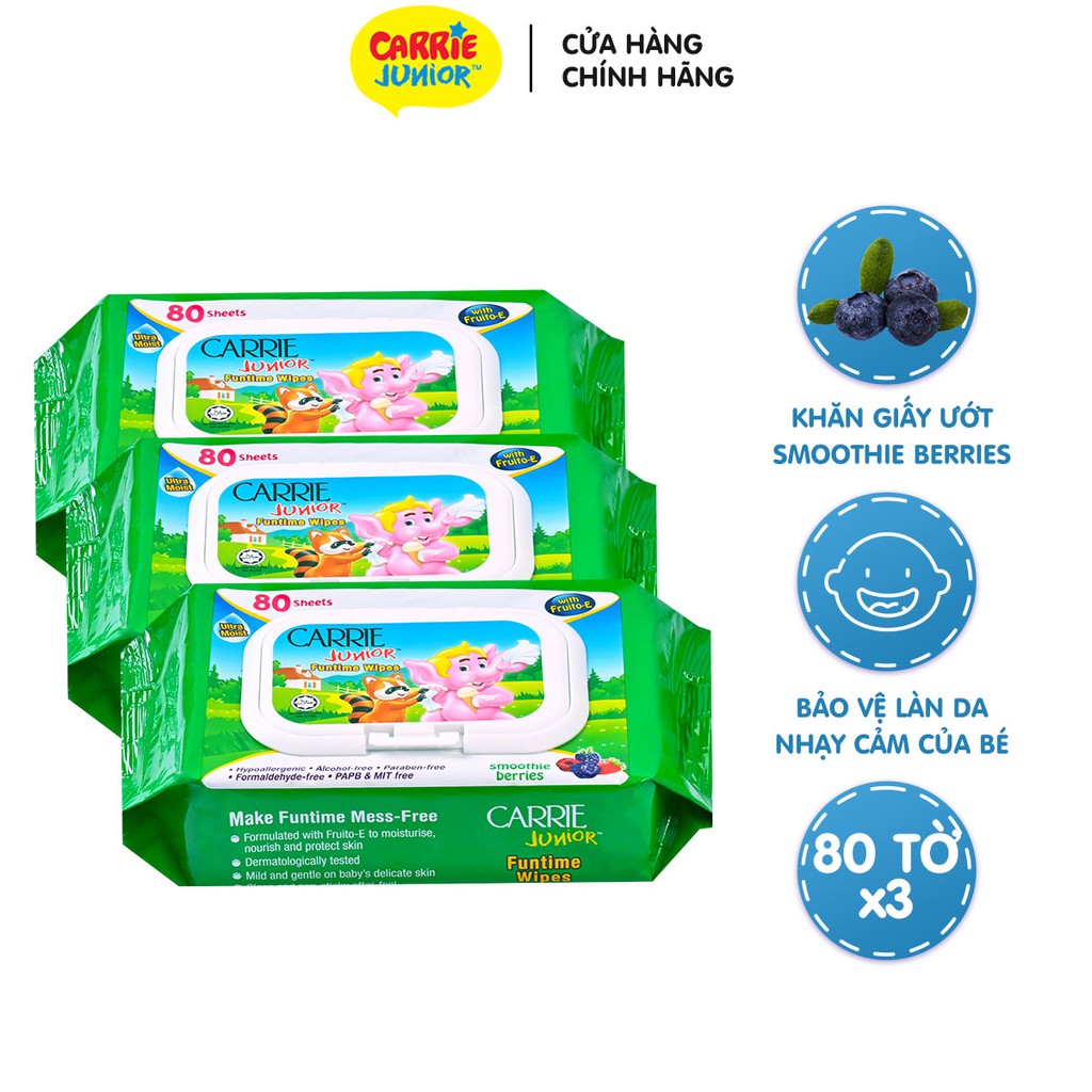 Combo 3 Gói Khăn Giấy Ướt Carrie Junior Funtime Smoothie Berries 80 tờ/gói