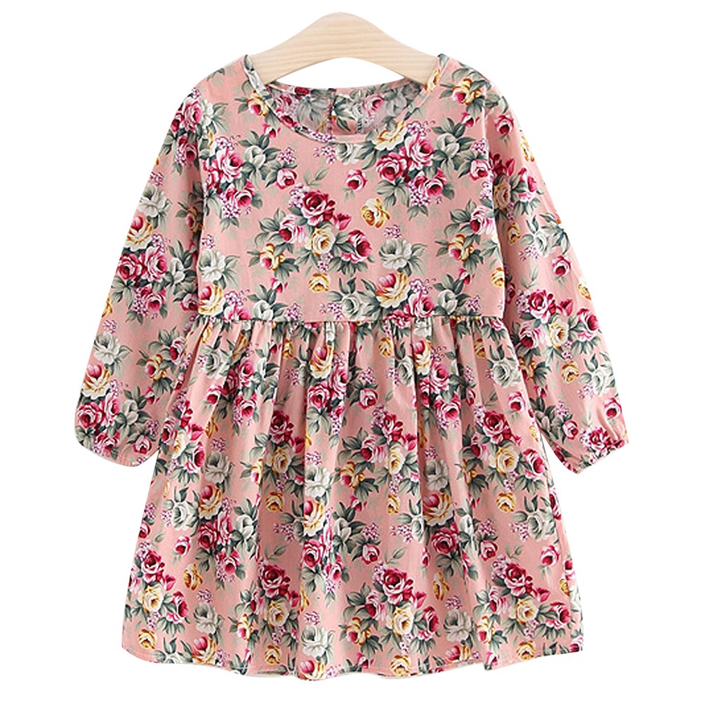 Đầm Cotton Tay Dài In Hoa Dễ Thương Dành Cho Bé Gái 1-6 Tuổi