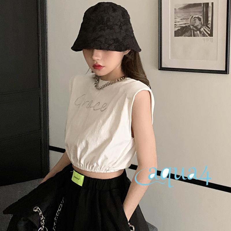 Anana-áo Croptop Sát Nách Cổ Tròn Đính Đá In Chữ Cho Nữ