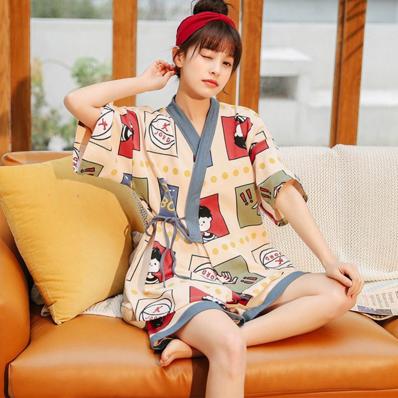 SUSQ2 Đồ Ngủ Kimono nữ đẹp mặc nhà phi bóng thắt eo quần lửng ngắn cute Bộ Pijama kiểu Nhật yukata lụa cộc tay buộc dây