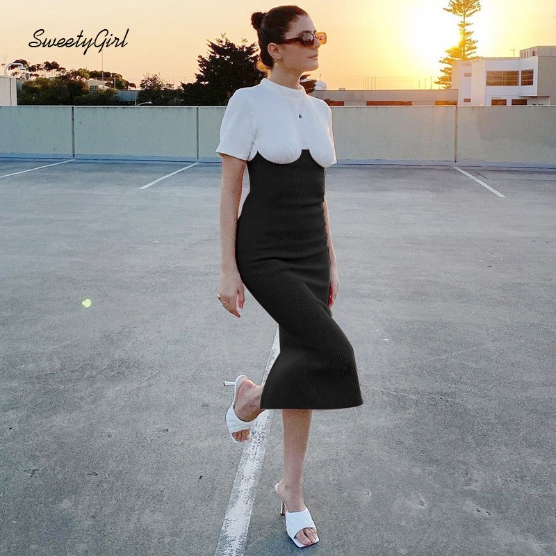 Đầm Midi Tay Ngắn Cổ Tròn Dáng Ôm Phối Màu Tương Phản Thời Trang Cho Nữ