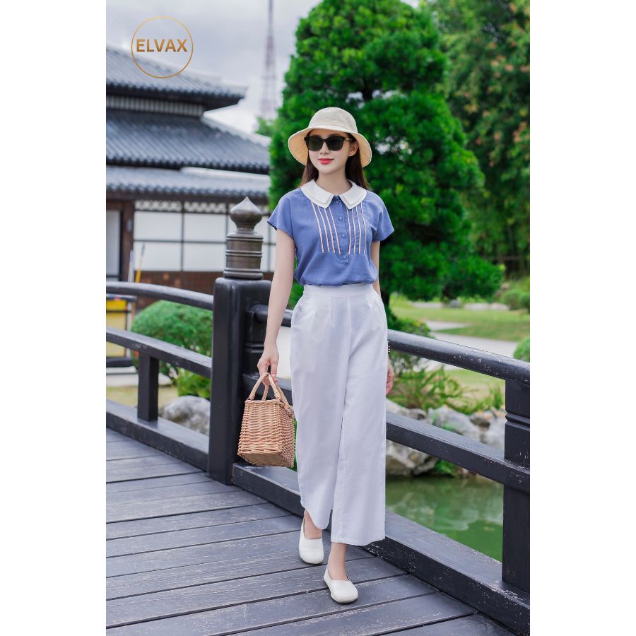 Bộ Đồ Linen Nữ ELVAX Áo Sơ Mi Suông Xanh Cổ Sen 2 Tầng Viền Sọc 2 Bên, Quần Ống Suông Trắng Chất Lượng Linen Gân Xước