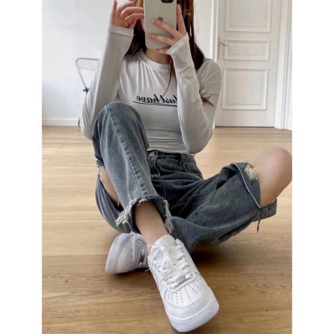 Quần Jeans Quảng Châu Nữ Rách Gối Form Ông Suông, Jean Baggy Cá Tính Năng Động