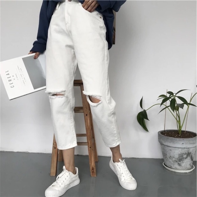 [ Sẵn 2xl 3xl 5xl ] Quần baggy jean có bigsize XL 2XL 3XL 4XL 5XL rách gối trắng đen | BigBuy360 - bigbuy360.vn