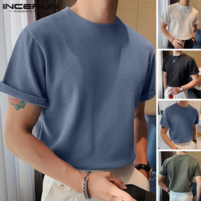 Áo thun INCERUN ngắn tay cổ tròn phong cách đơn giản với 4 màu lựa chọn cho nam
