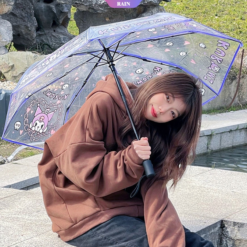 Dù Gấp Tự Động Trong Suốt Chống Gió Chống Nước In Hình Mèo Hello Kitty Dễ Thương