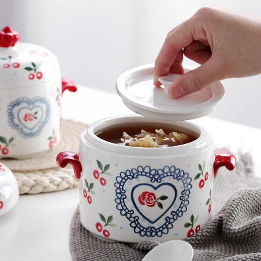 Thố chưng yến bằng sứ cao cấp, hũ chưng yến cách thủy dung tích 450ml - 650ml họa tiết cherry đỏ