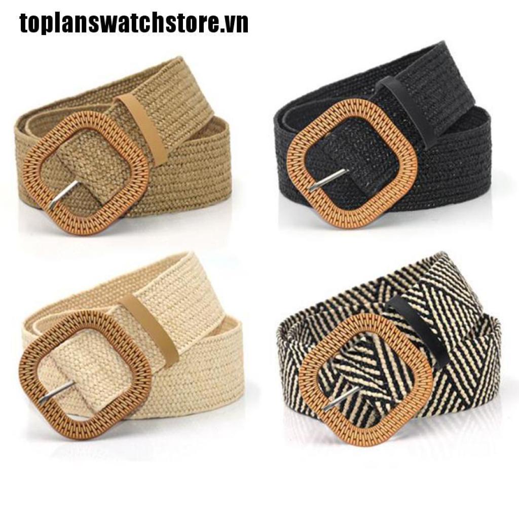 Thắt Lưng Đan Rơm Co Giãn Khóa Vuông Phong Cách Boho Cổ Điển Thời Trang Mùa Hè Cho Nữ