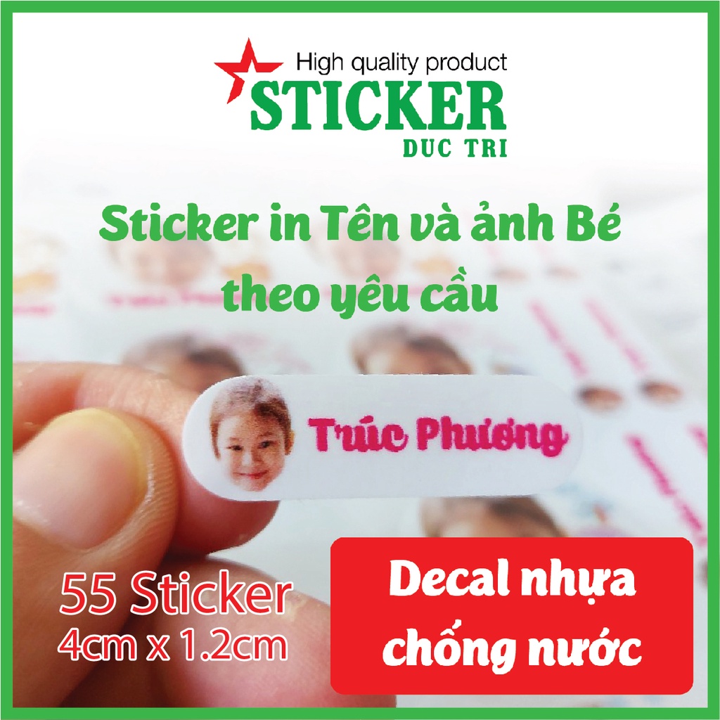 55 Sticker Tên và ảnh Bé in theo yêu cầu  Decal nhựa chống nước.