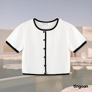 [Nhập WABR152 giảm 10% đơn 250K]Áo croptop len ngắn tay trắng viền đen tingoan TRACY TOP/WH