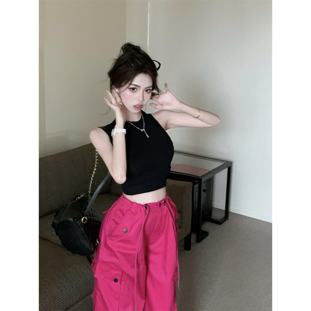 QADCOL Set Áo Thun Không Tay + Quần ống rộng Lưng Cao Thời Trang Mùa Hè Cho Nữ