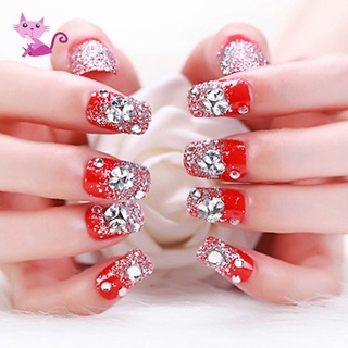 Bộ 24 Móng Tay Giả Đính Đá Pha Lê 3D Màu Đỏ Trang Trí Móng Tay Cho Cô Dâu